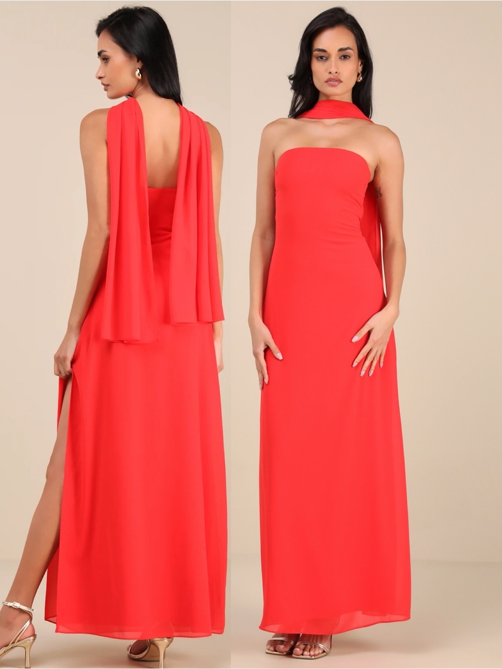 NWOT Lulu’s Rawya Red Orange Strapless Maxi Dress and Scarf Set Small Chic Glam